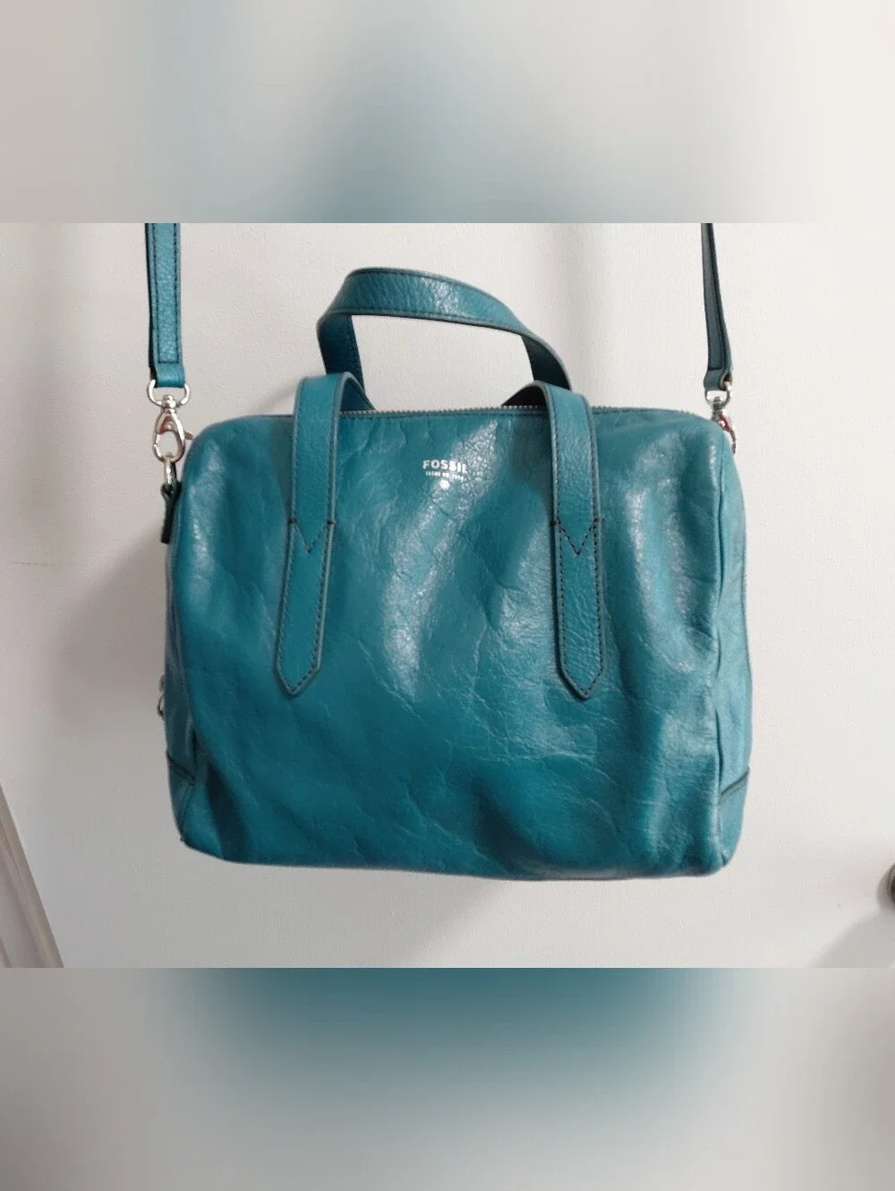 Fossil Teal Leather Satchel Bag Purse With Removable Strap